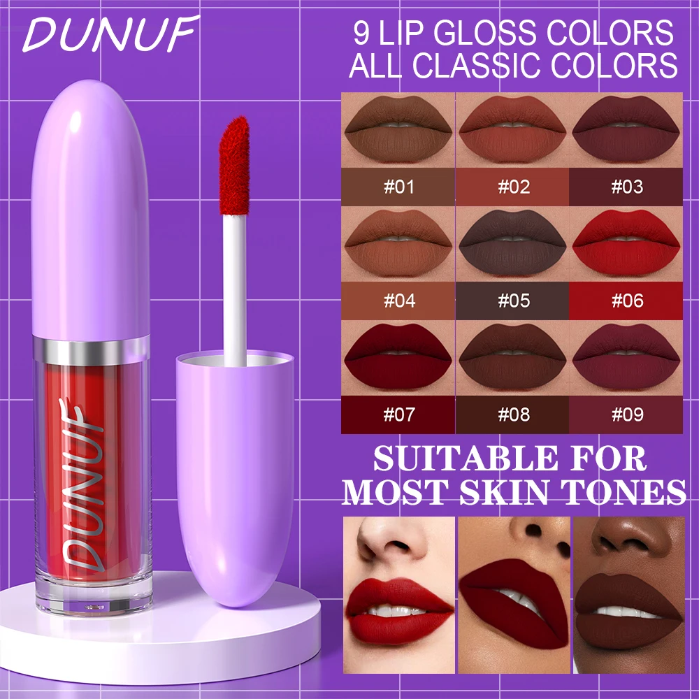 DUNUF Matte Lip Gloss Long-lasting Nude Red Liquid Lipstick Waterproof Non-stick Cup Sexy Lip Tint lip glosses Cosmetics Makeup