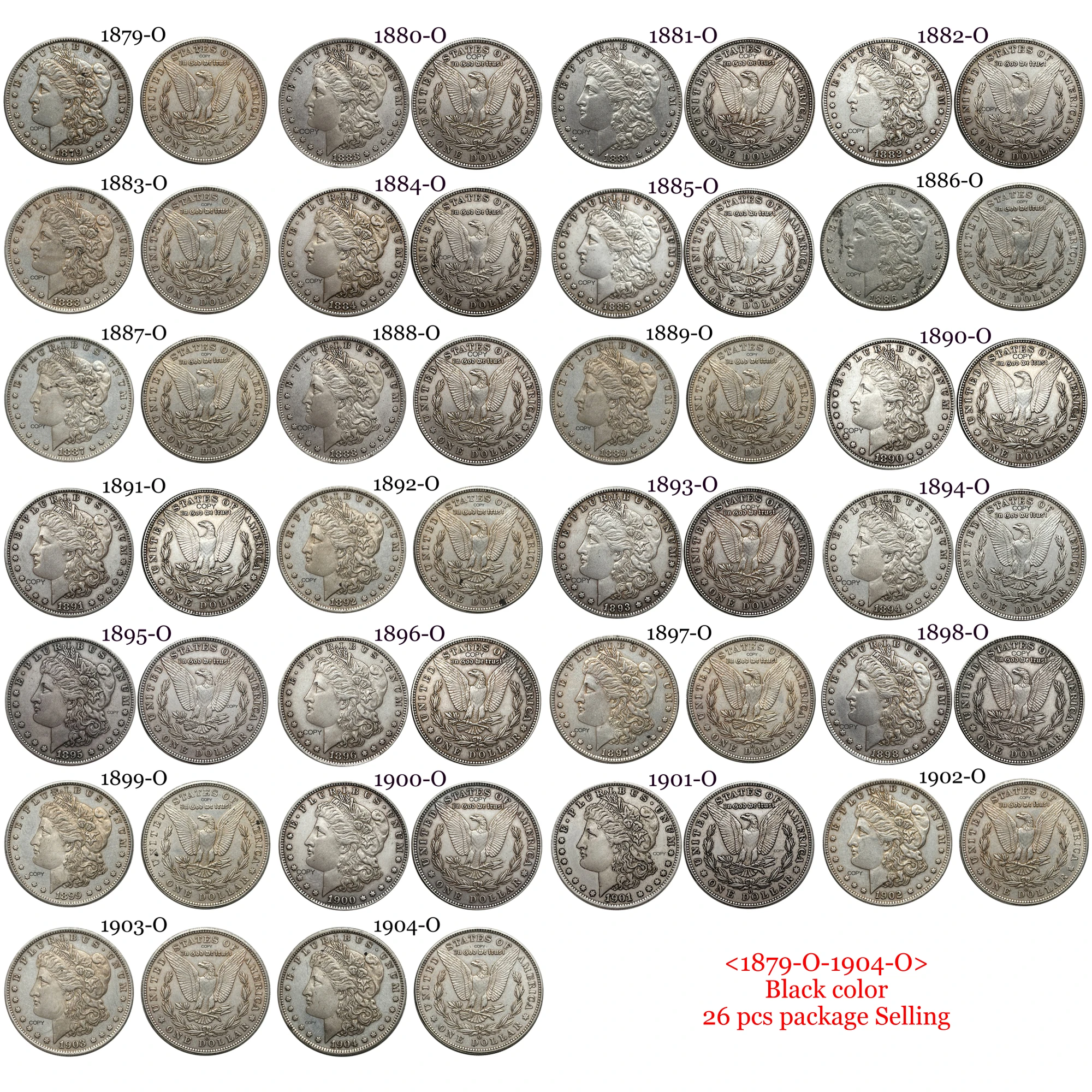 US 1879 O -1904 O 26 Pcs 1 Dollar Morgan Silver Plated Copy Commemorative Coin United States Liberty Moneda Collectible Coins