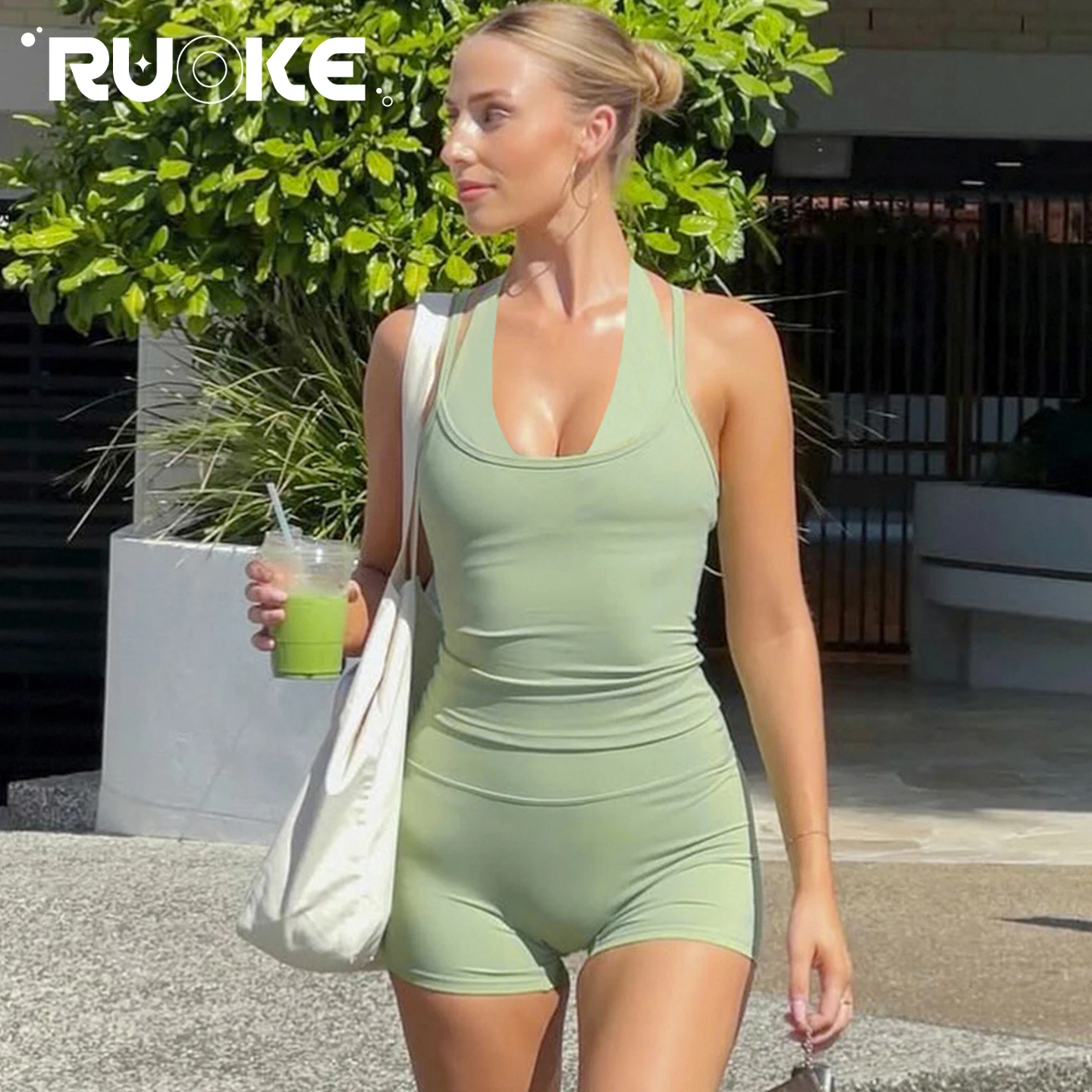 

[RUOKE] Sporty Casual Set Women Yoga 2 Piece Set Halter Sleeveless Tank Top Biker Shorts Bodycon Jogger Gym Outfit Spring Summer