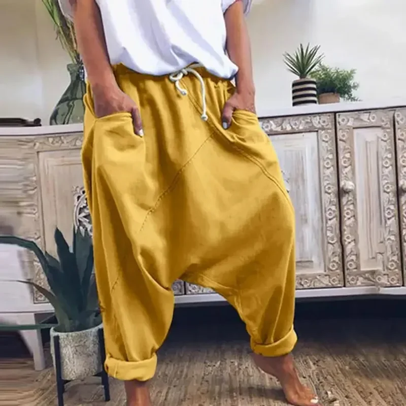 Women Casual Drawstring Pockets Drop Crotch Baggy Long Trousers Harem Pants Fall Winter Home Lazy Pants Simple Streetwear Ethnic