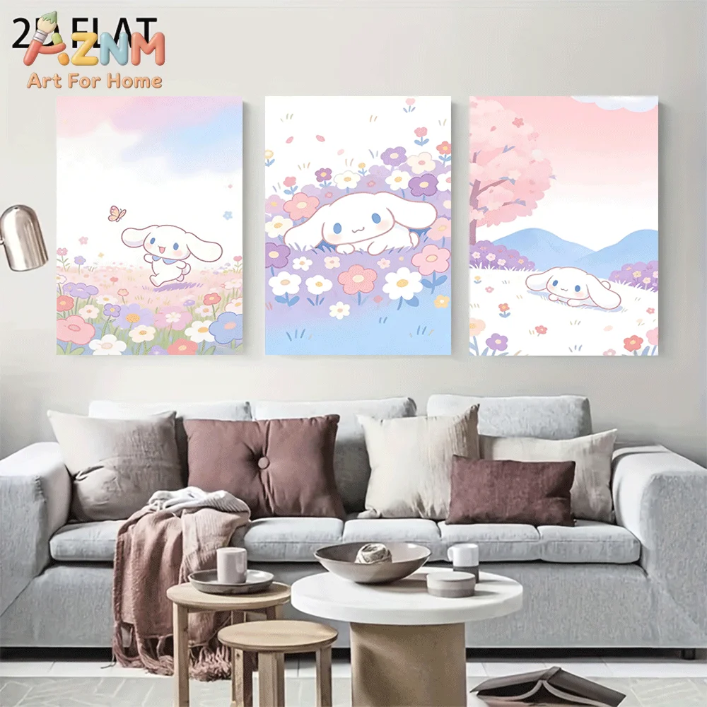 AZNM Cinnamoroll Canvas Wall Art Unframed Cute Cartoon Print Poster Colorful Flower Field Cherry Blossom Butterfly Pastel Sky De