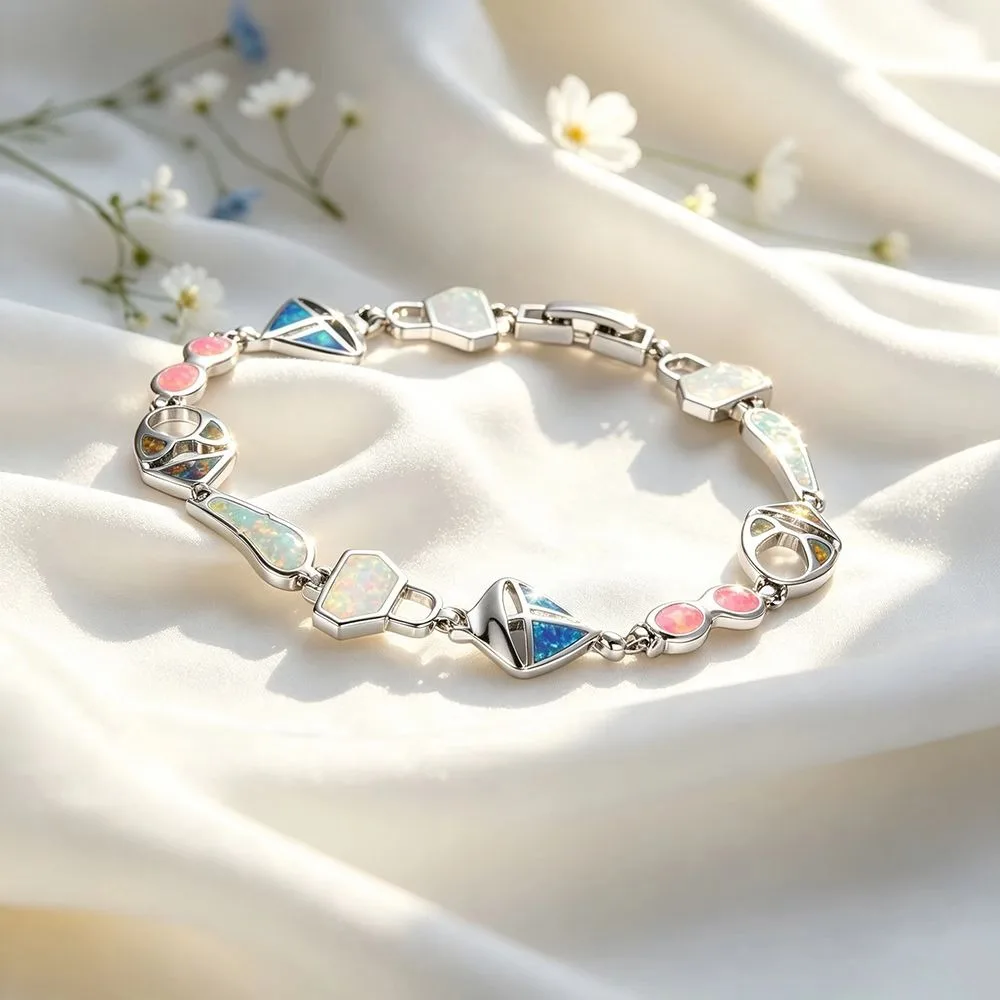 Fashion Lab Created Opal Opal Bracelet Rainbow Fire Synthetic Opal Link Bracelet Colorful Opal Inlaid Hand Chain Daily Jewelry