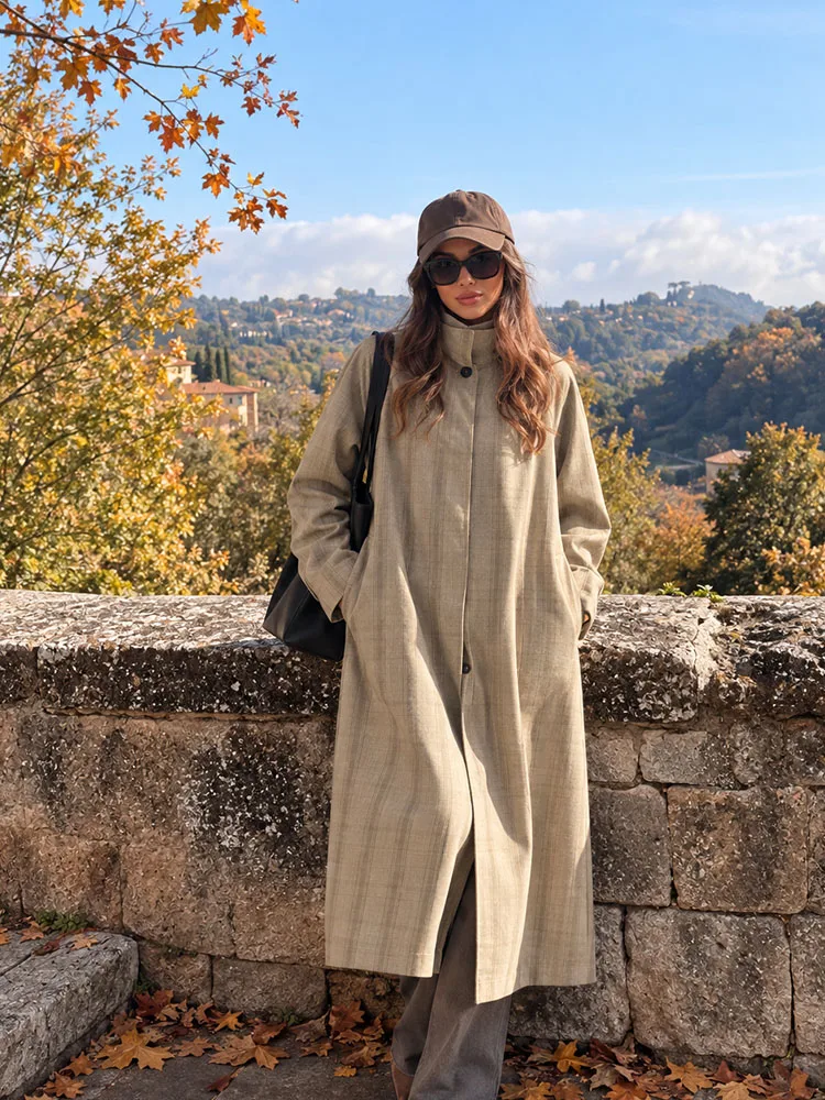 HH Daily Outing Beige Plaid Long Trench Coat Women Fall Stand Collar Single Breasted City Walk Versatile Chic Comfy Outerwear