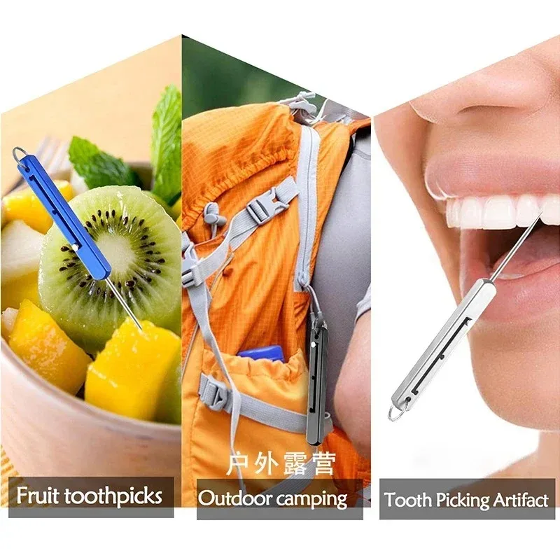 Portable Titanium Toothpick Reusable Rectangular Telescopic Integrated Toothpick Spring Sliding Fruit Picking Gift Keychain
