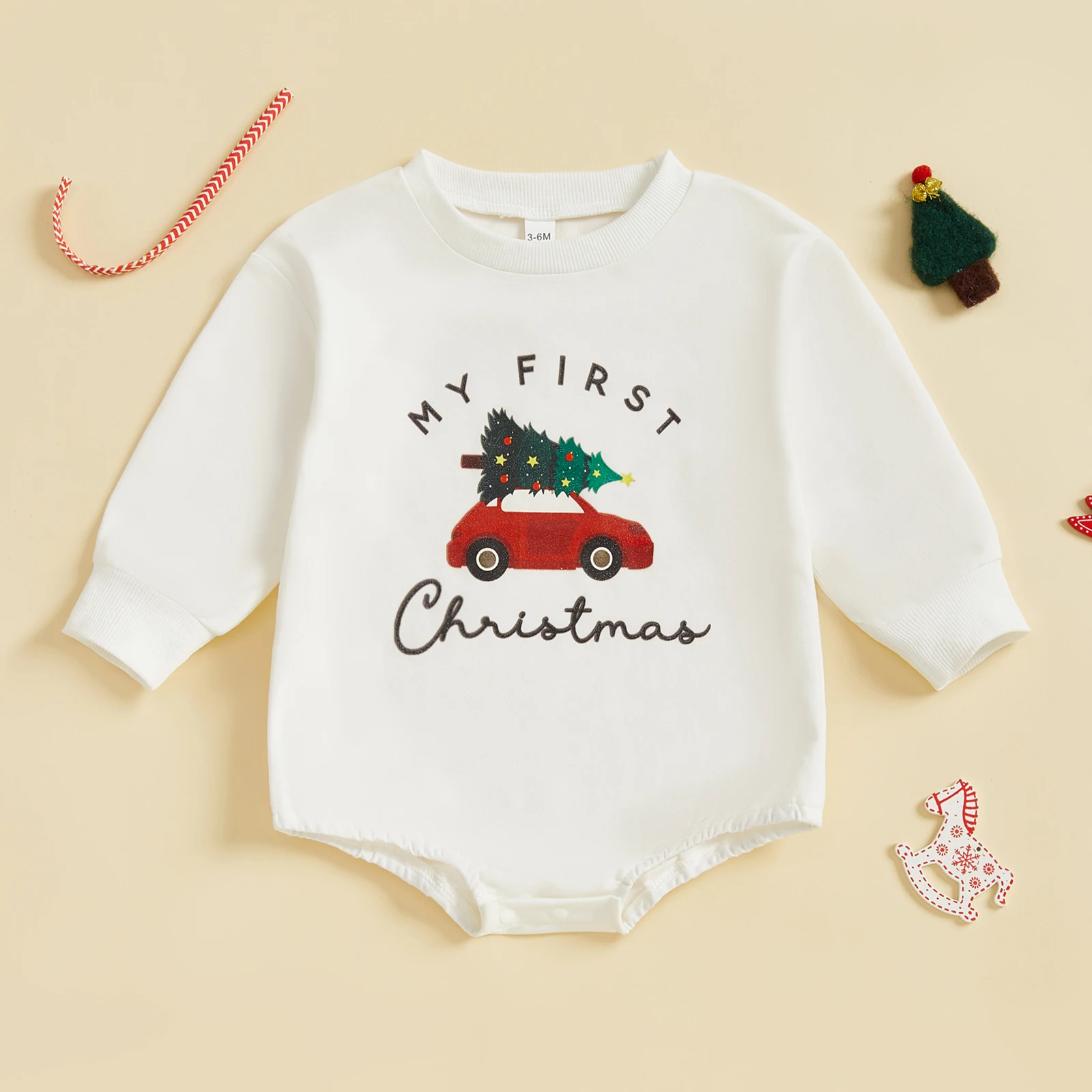 

SUNSIOM 0-18 Months Christmas Infant Baby Rompers Cute Long Sleeve Round Neck Letter Tree Car Print Jumpsuit