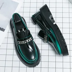 Fashion Green Shiny Men's Leather Shoes Loafers Quality Height Increasing Luxury Mens Dress Shoes Slip-on Round-Toe Office Shoes