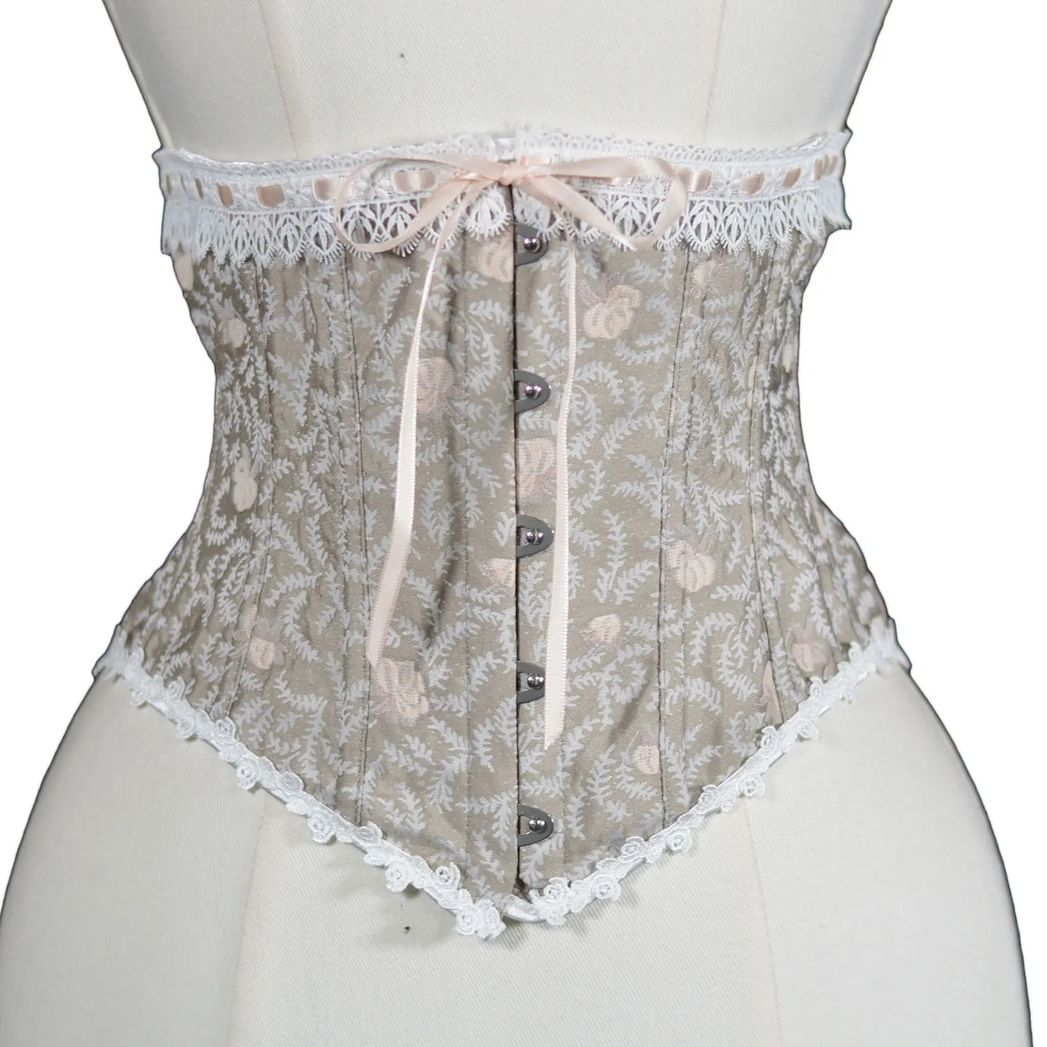 Apricot 5-Button Embossed Jacquard Corset Lace-Up Waist Cincher Vintage Court-Style Shaping Bustier Lace Trim