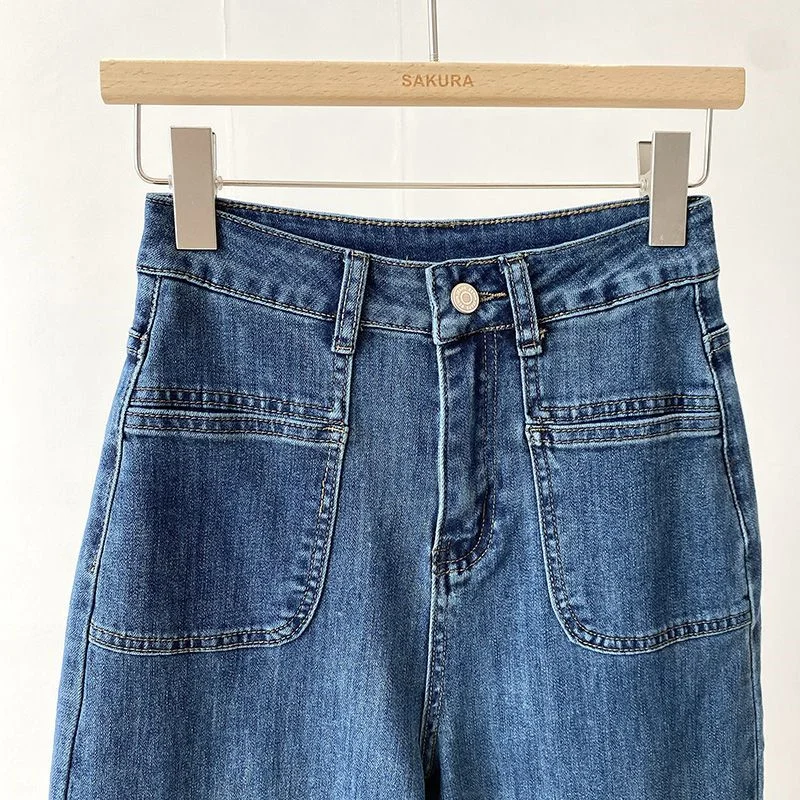 Jeans Lurus Warna Solid Fashion Wanita 2025 Celana Panjang Koboi Pinggang Tinggi Wanita Retro Celana Denim Kaki Lebar Wanita Musim Semi Musim Gugur