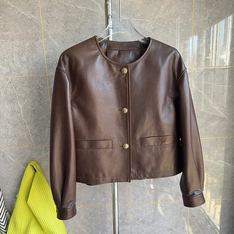 S-2XL Giacche vintage in vera pelle marrone per donna Casual Chic O-collo monopetto femminile corto giacche di pelle di pecora cappotti