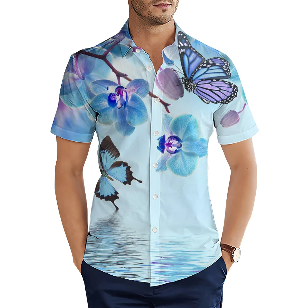 HX Fashion Animal Hawaii Shirts Plant Blue Orchid Butterfly 3D Printed Casual Shirts Men Summer Short Sleeve Tops Camisas