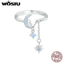 WOSTU Real 925 Sterling Silver Star Moon Link pierścionek dla kobiet błyszczące niebieski Opal regulowane pierścionki oryginalna biżuteria prezent BSR548