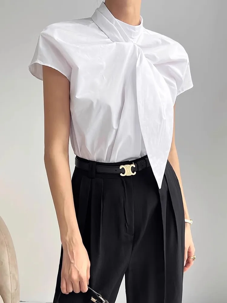 Women's Elegant Commuter White Shirt 2024 Summer South Korea Chic Collar Kink Strap Loose Straight Base Short Sleeve Top Tide