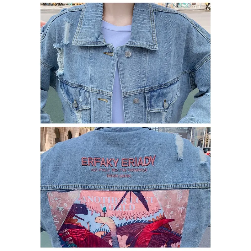 Women's Clothing Embroidery Printed Denim Jacket Spring Autumn Coat Hip-hop Streetwear Loose Single-breasted Jacket Long Sleeves