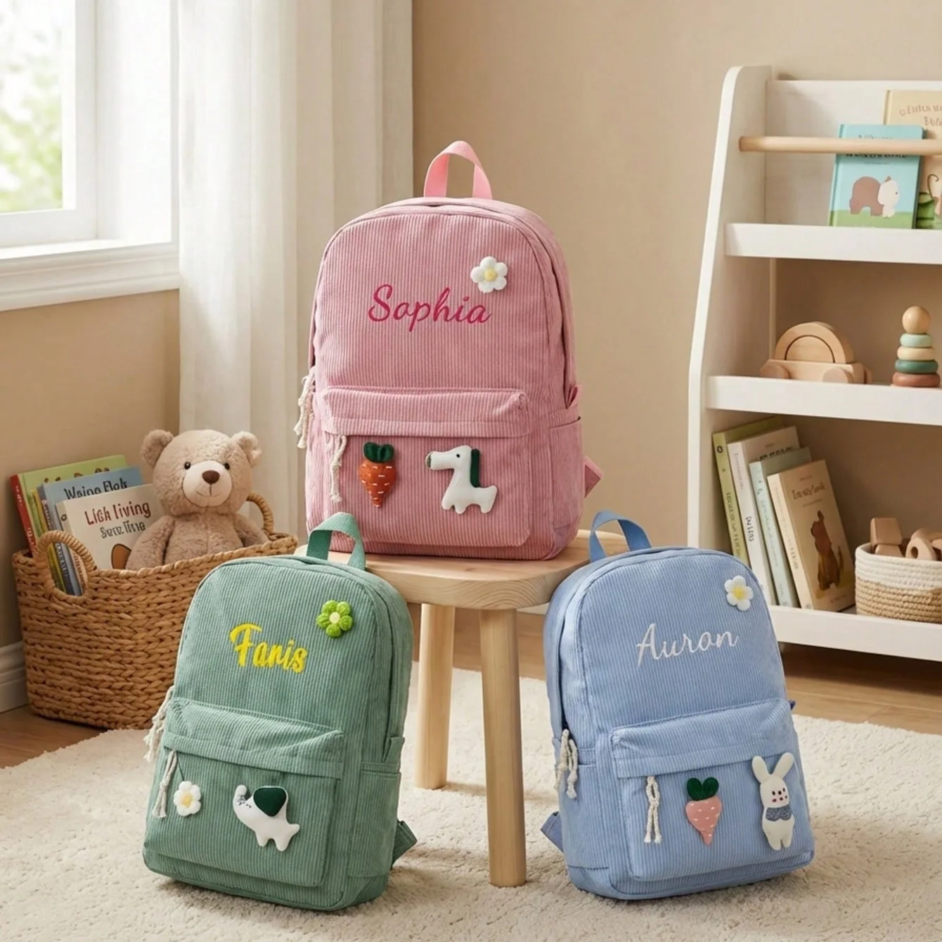 Mochila infantil de veludo cotelê com nome personalizado e bordado |   Amuleto de boneca de pelúcia, ideal para uso diário e presente