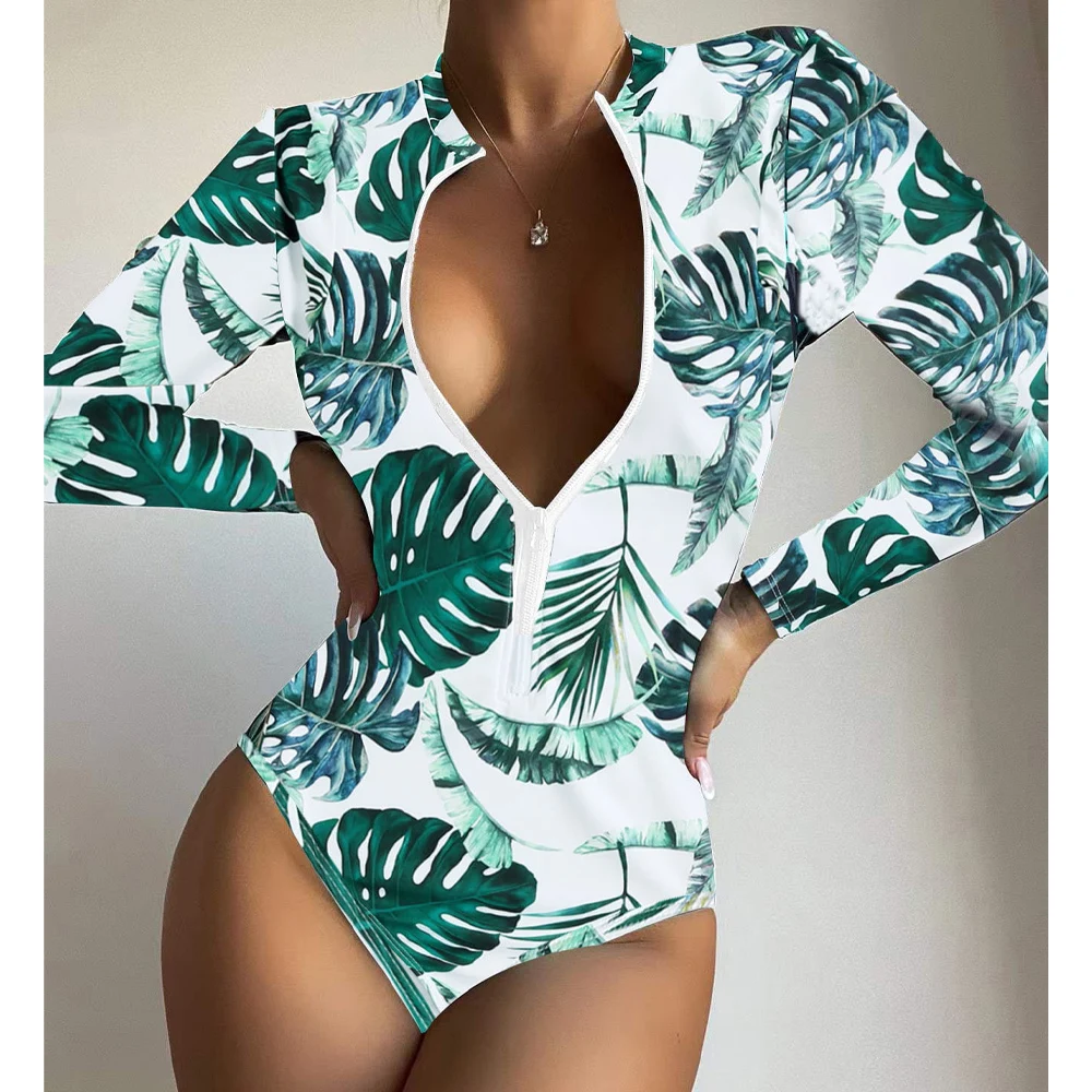 VigoBeviya 2024 Sexy Print Long Sleeve Swimwear Women High Cut Push Up One Piece Swimsuit Monokini Summer Beach Bathing Suit