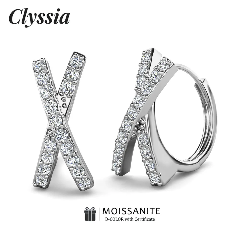 

CLYSSIA Elegant X Shape D Color VVS1 Moissanite 925 Sterling Silver Ear Stud for Women Piercing Jewelry Hypoallergenic Gift