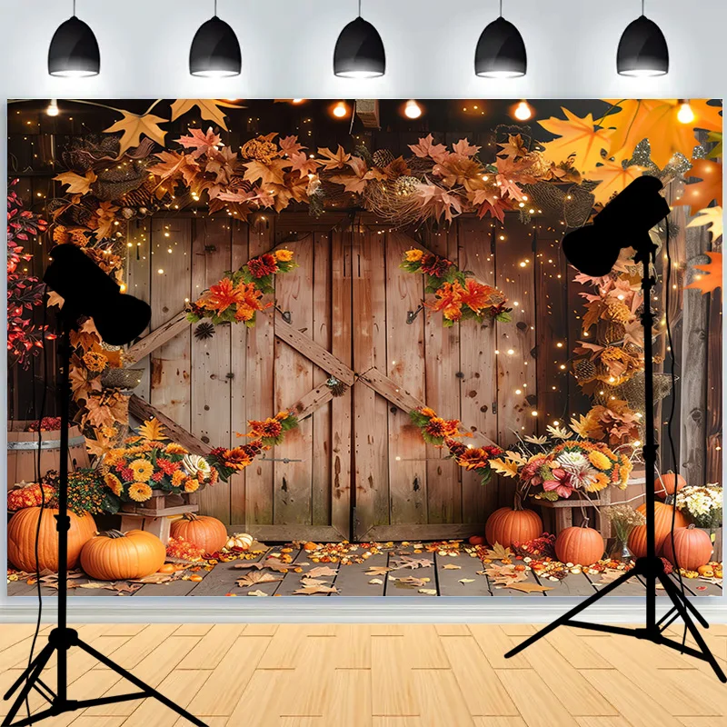 Autumnal Pumpkins Farm Photography Backdrops Props Halloween Fall Field Maple Leaf Scarecrow Fence Photo Studio Background FM-07