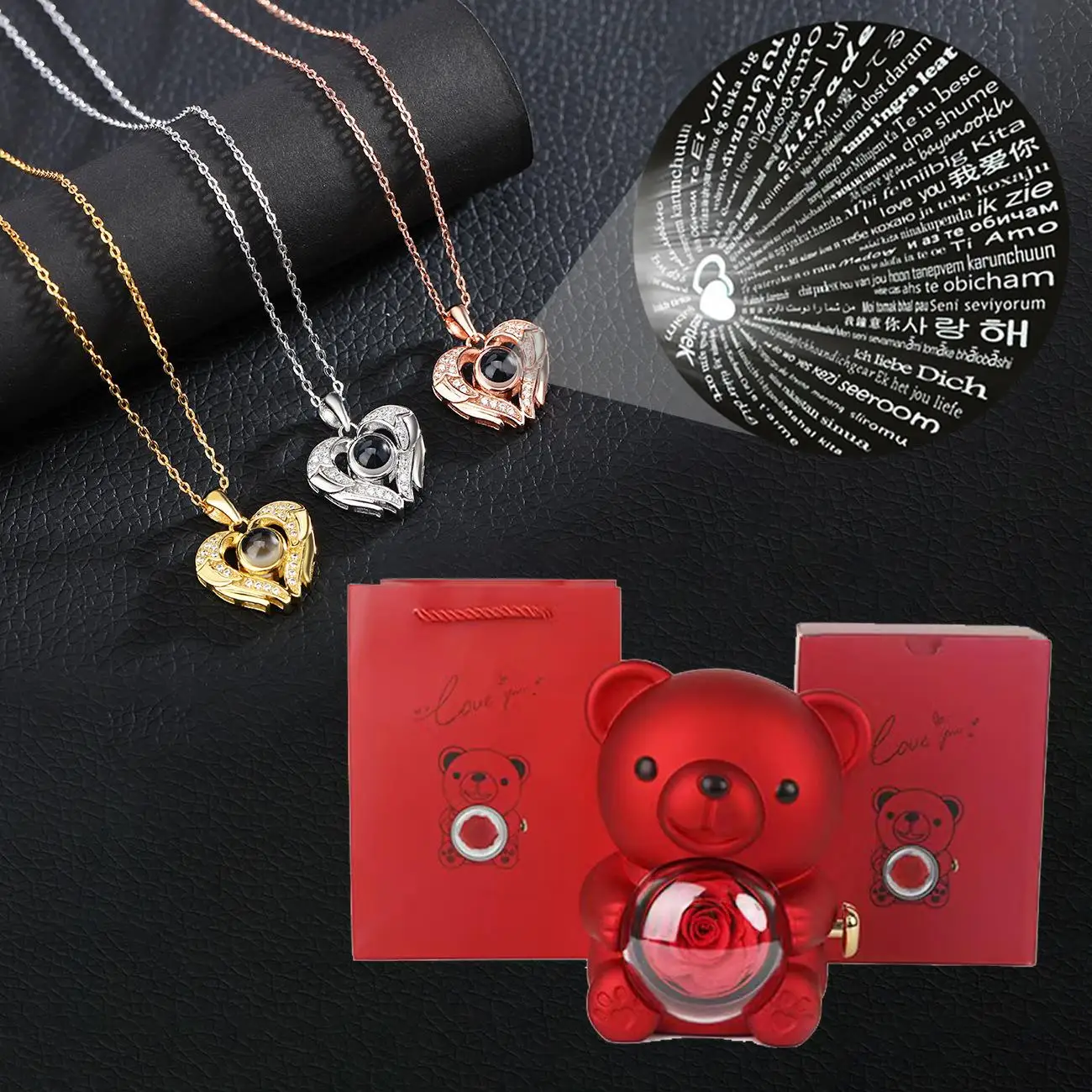 

Подвеска с проекцией в виде сердца на 100 языках ожерелья с милым медведем роза Подарочная коробка 2024 новые праздничные подарки романтические украшения