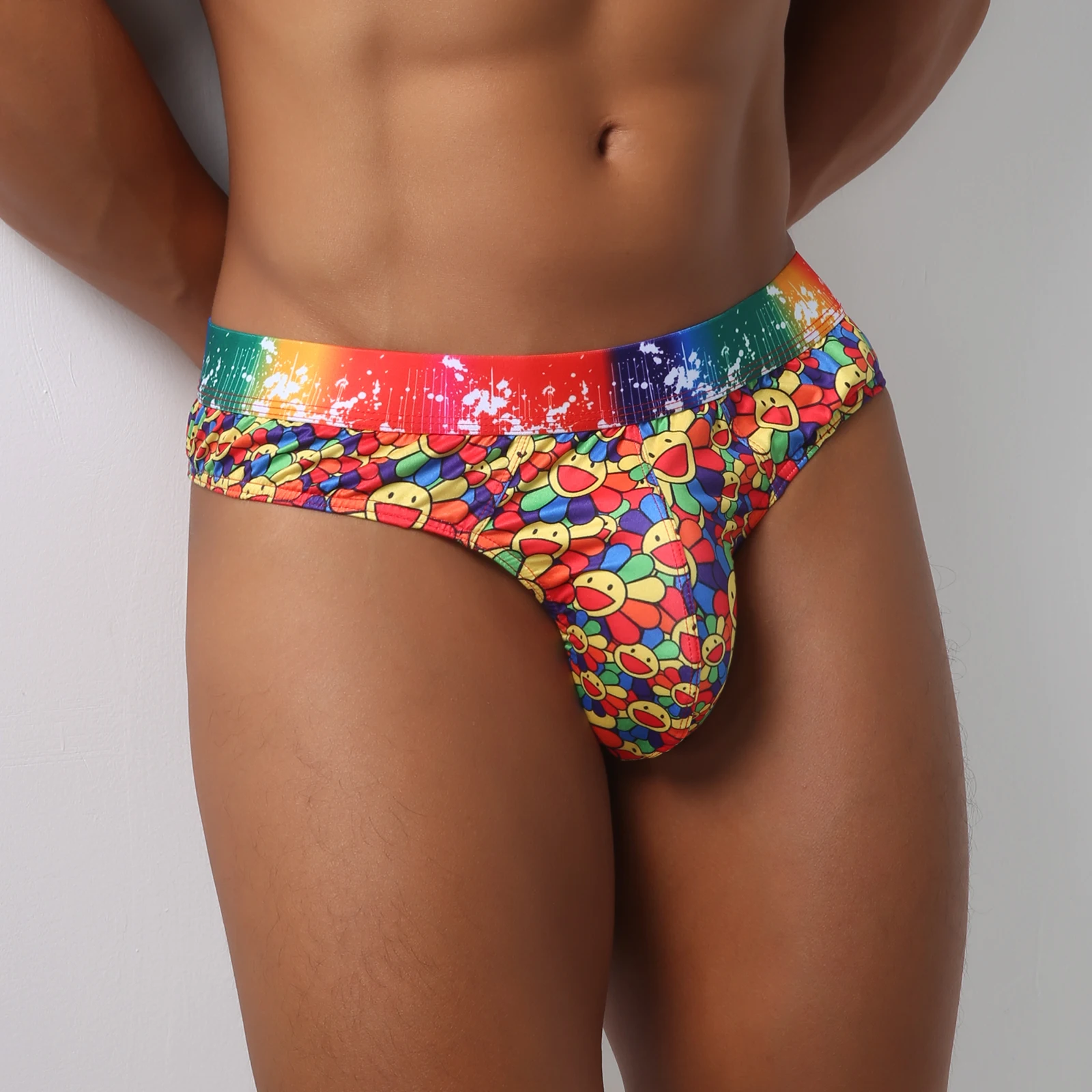 Men 3D Digital Swimsuit Sunflower Printed Bulge Pouch Swim Thong T Back G String Summer Beachwear Man Bikini Swimming Briefs