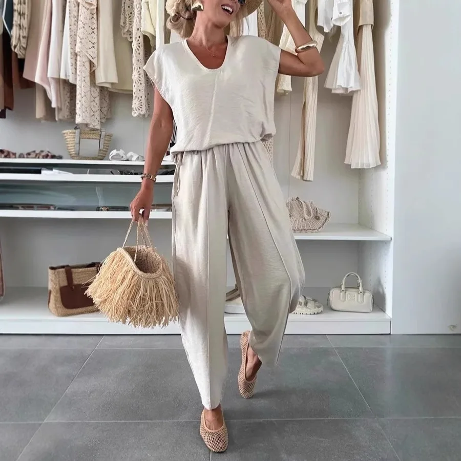 

Summer Fashion Solid Color Cotton Linen Two Piece Set Women V-neck Short Sleeved Top Long Pants Casual Two Piece Set