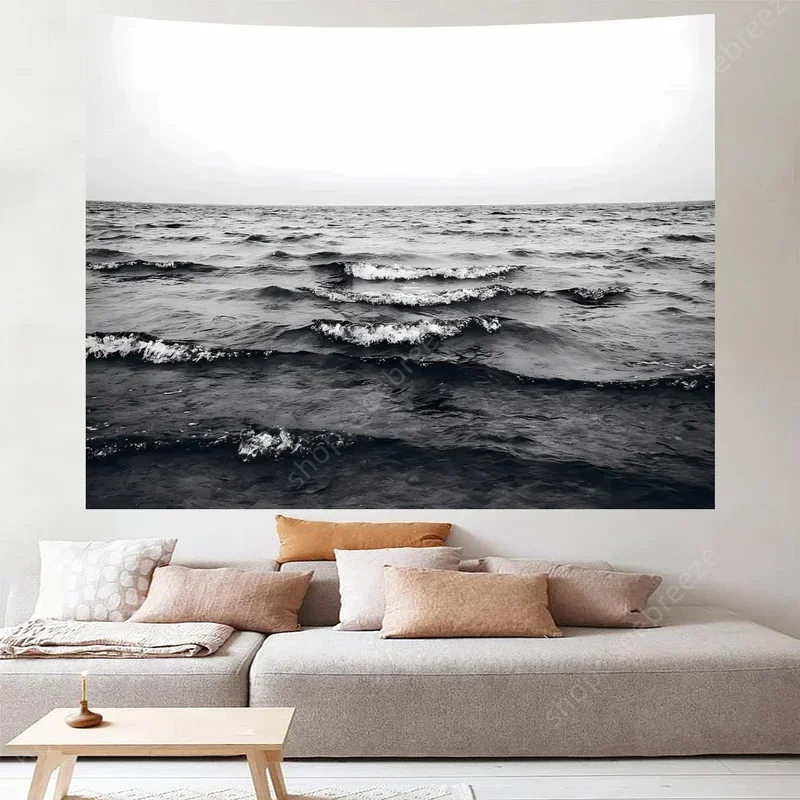 Pro-graphx tapestry black and white ocean-boho wall hanging design for living room large landscape, bedroom, yurt