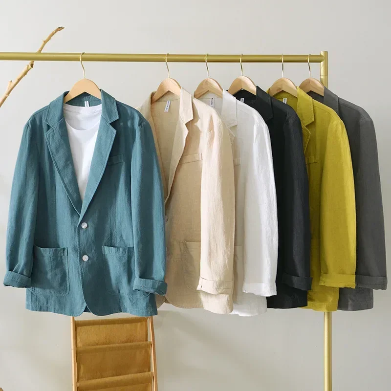 Korean Fashion Mens Blazers 4XL Summer Commute Cotton Linen Jacket Men Yellow Suit Jackets Youth Breathable Male Suit Slim Fit