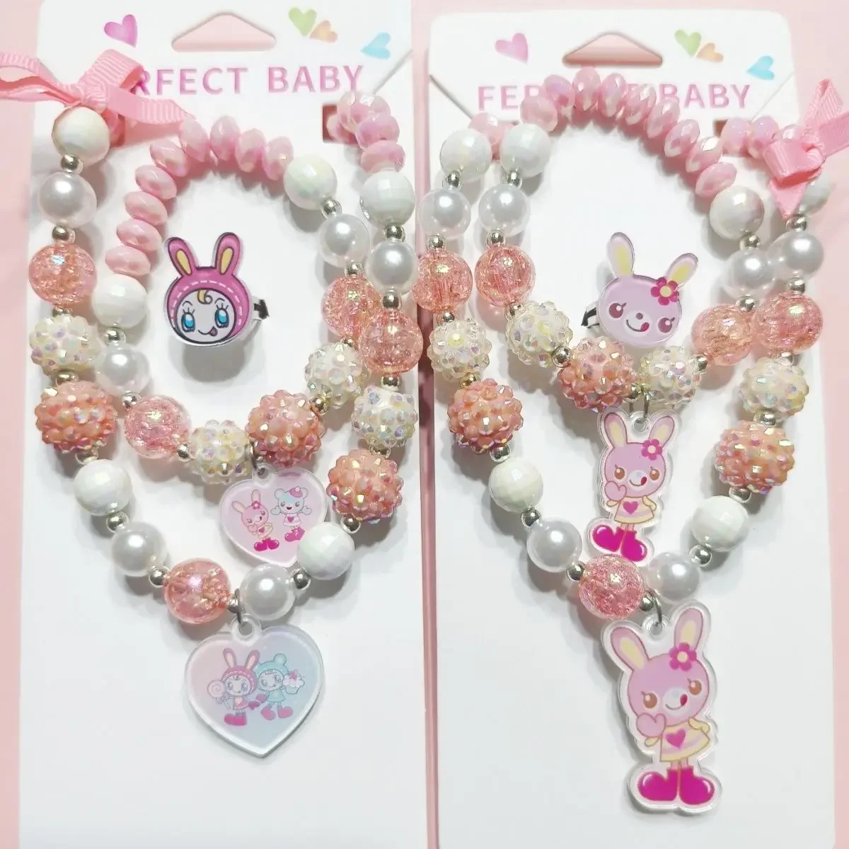 

Necklace Bracelet Ring 3pcs Y2k Cartoon Aesthetic Pink Cute Jewelry Sets for Women Trajes De Mujer Conjunto 3 Piezas Elegantes
