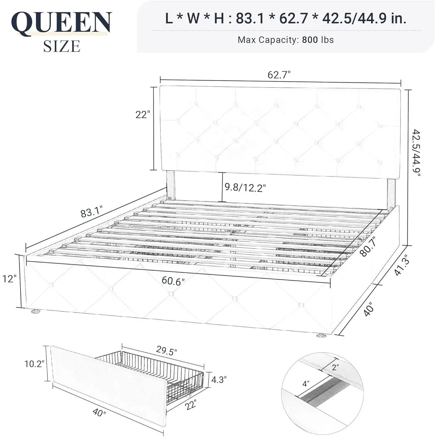 Upholstered Queen Size Platform Bed Frame with 4 Storage Drawers and Headboard, Diamond Stitched Button Tufted