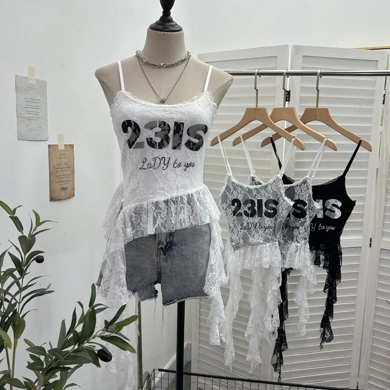 Women's Sexy Backless Lace Spaghetti Strap Camisole Irregular Ribbon Top Printed Short Slim Sleeveless Top Streetwear Party 1193