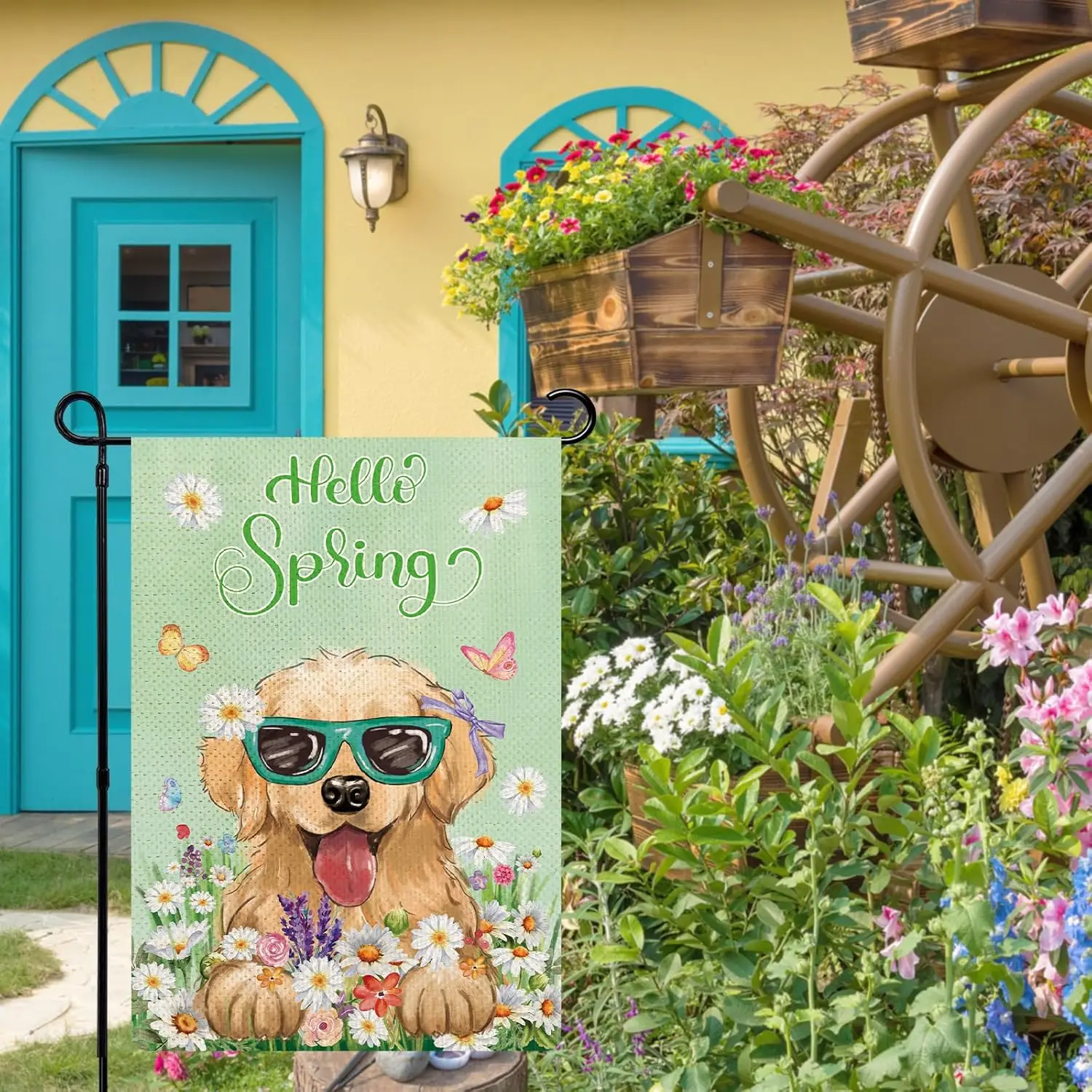 Golden Retriever Hello Spring Garden Flags for Outside, Spring Butterfly Flower Dog Garden Flag 12x18 Double Sided, Burlap D yyi