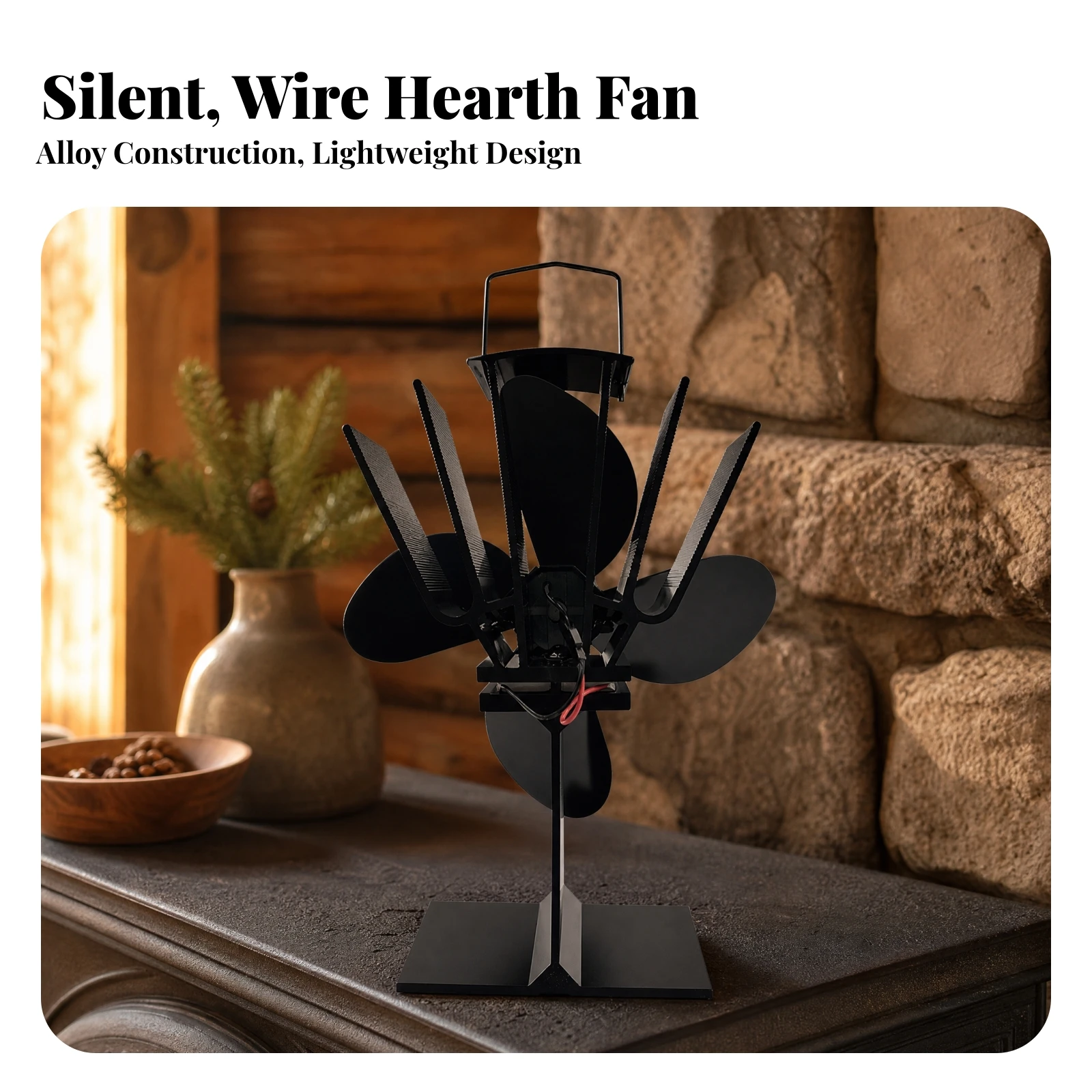 Freestanding Fireplace Circulation Fan Cordless Four-Blade Heat-Powered Fan Quiet No Electricity Needed