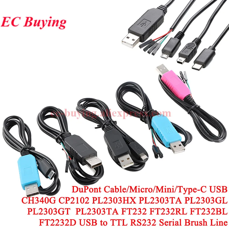 CH340 PL2303 CP2102 FT232 TYPE-C Micro Mini Download Line Cable USB To TTL RS232 Serial Brush Wire Adapter Converter with Shell