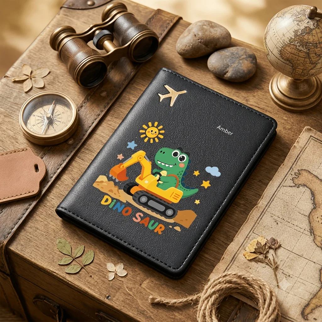 Custom Text Name Fashion Passport Bag, Personalized Dinosaur Excavator Passport Holder, Open-And-Close Design for Convenience