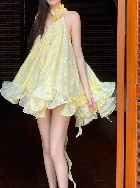 

Yellow Flower Resin Crystal Lace Choker Strapl Dr Sweet Sle High Waist Summer Fairy Skirt for Women Date Ocn