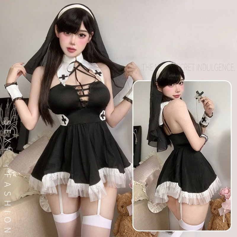 

Halloween Costumes Sexy Nun Cosplay Tights Vampire Cross Dark Gothic Lingerie Hollow Out Costume Black Nun Lace Club Wear Dress
