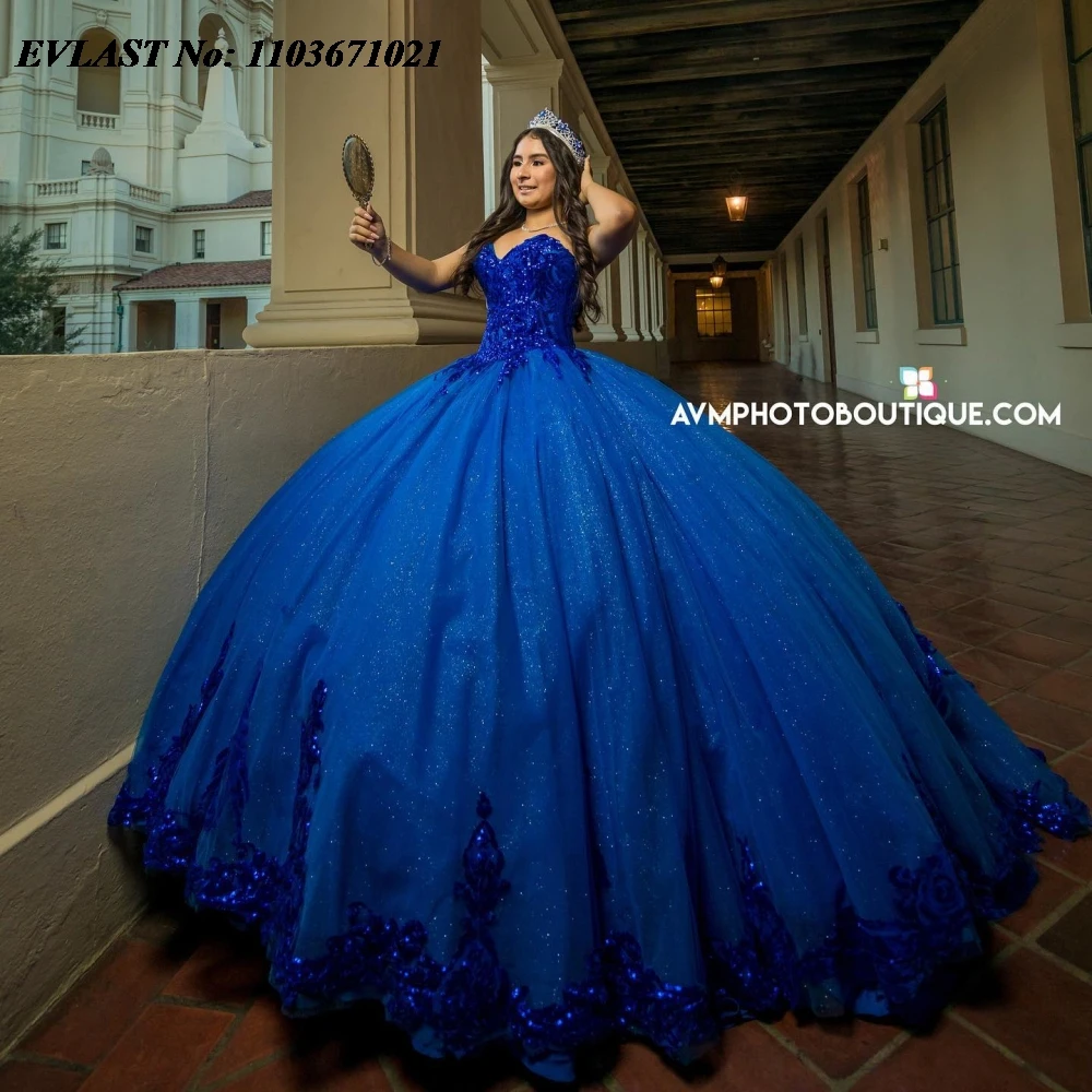 EVLAST Princess Royal Blue Quinceanera Dress Ball Gown appliqued Lace Beaded corsetto messicano Sweet 16 Vestidos De 15 Anos SQ729