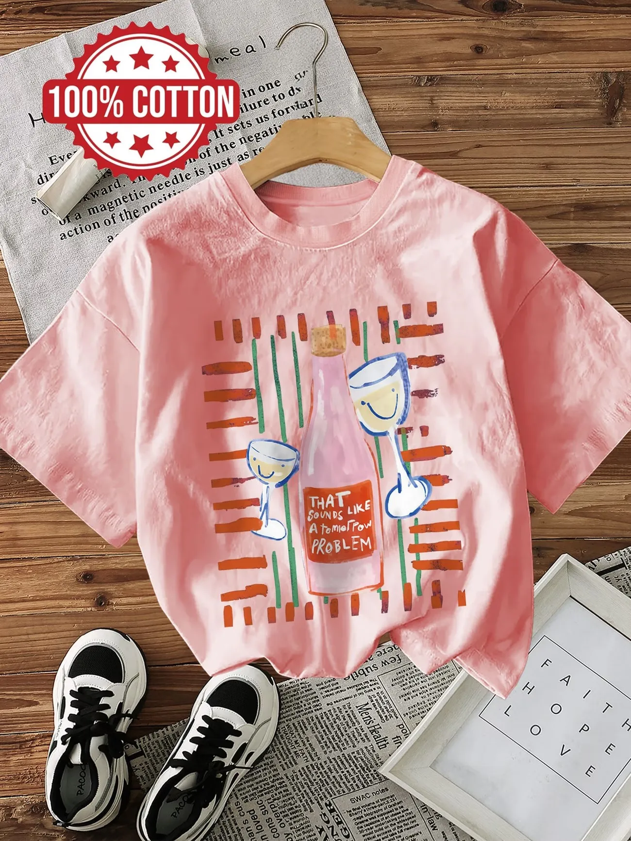 100% Cotton Women's Short Sleeve T-shirt Humorous Wine Bottle & Glass Graphic Print Crew Neck Casual Summer Ladies Tees Tops
