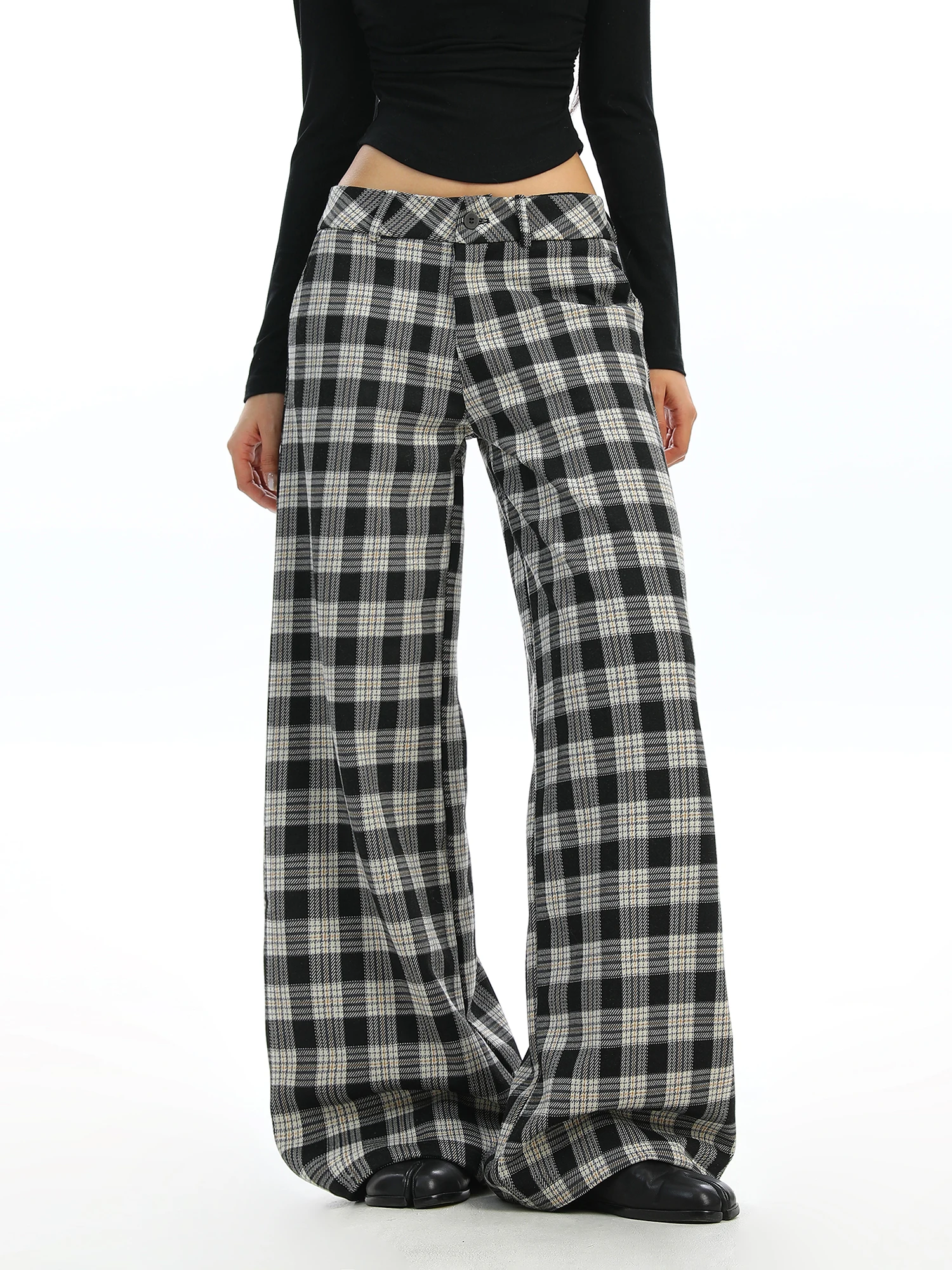 

Утепленные прямые брюки в клетку в пол, женские, повседневные, теплые, универсальные, широкие, винтажные, в стиле Lazy Sle