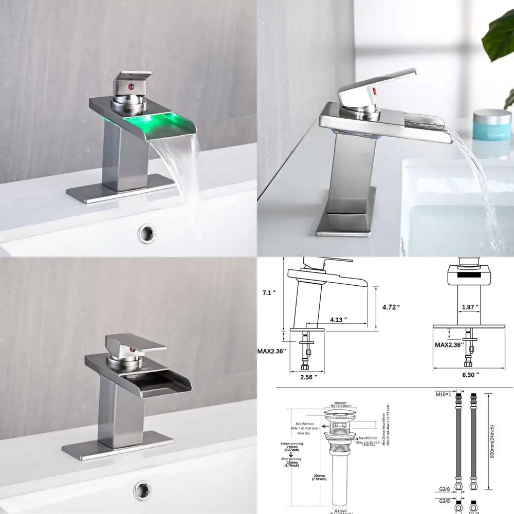 

Single Hole Brushed Nickel LED Waterfall Faucet with Pop-Up Drain and 2 Supply Lines for Vanity Sinks