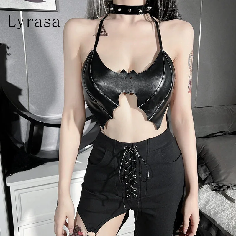 Punk Sexy PU Bra Steampunk Bat Shape Black Halter Crop Top Gothic Party Night Singlets Costume Mall Goth Camisole Fashion Tees