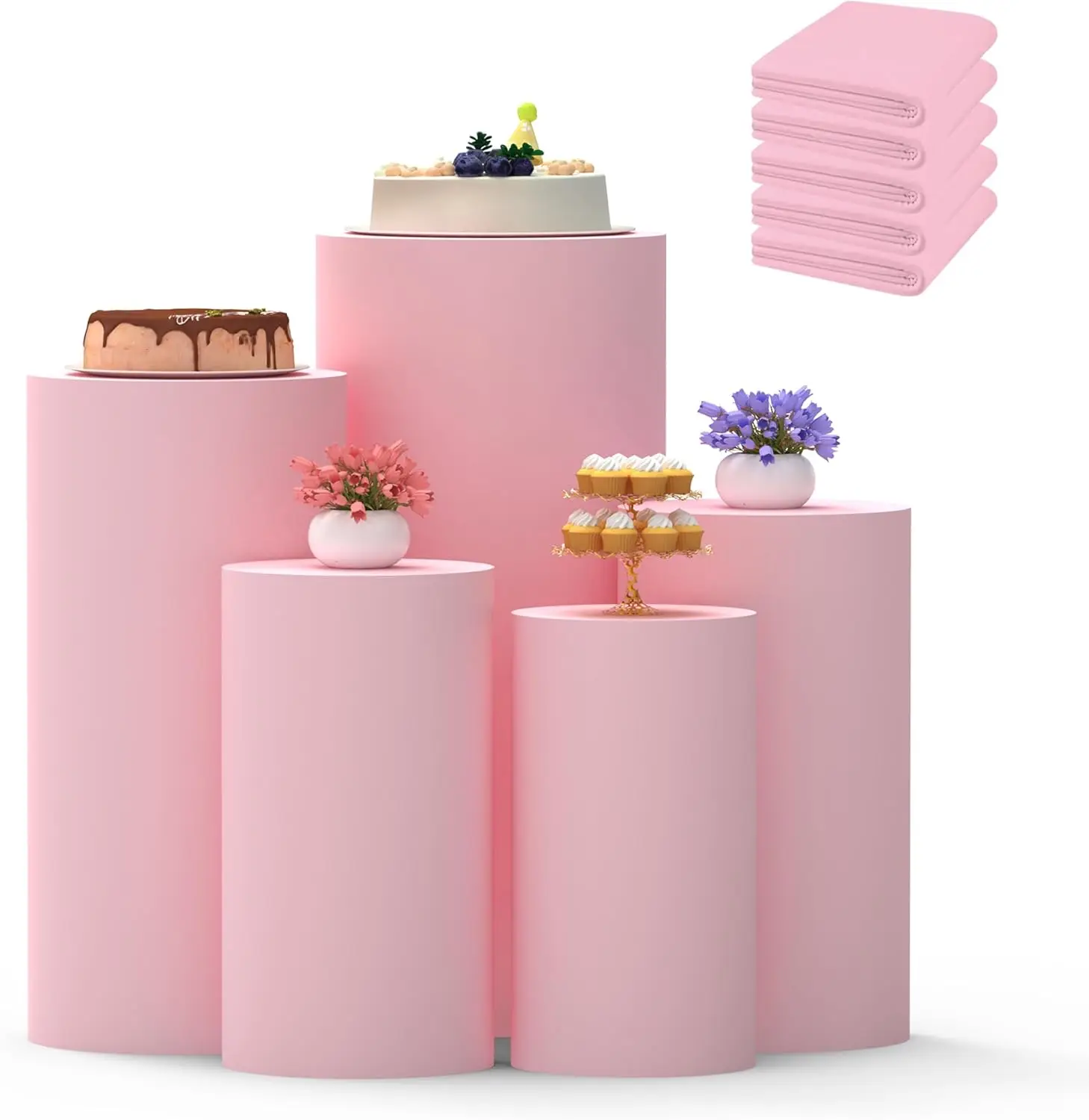 

3/5pcs Solid Color Cylindrical Cover Elastic Fabric Backdrop Custom Birthday Wedding BabyShower Party Decor Dessert Cake Table