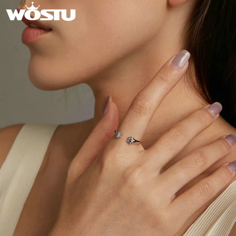 WOSTU 925 Sterling Silver Animal Pet Paw Open Rings Women Lovely Pink Zircon Kitty Cat Paw Adjustable Rings Girl Daughter Gift