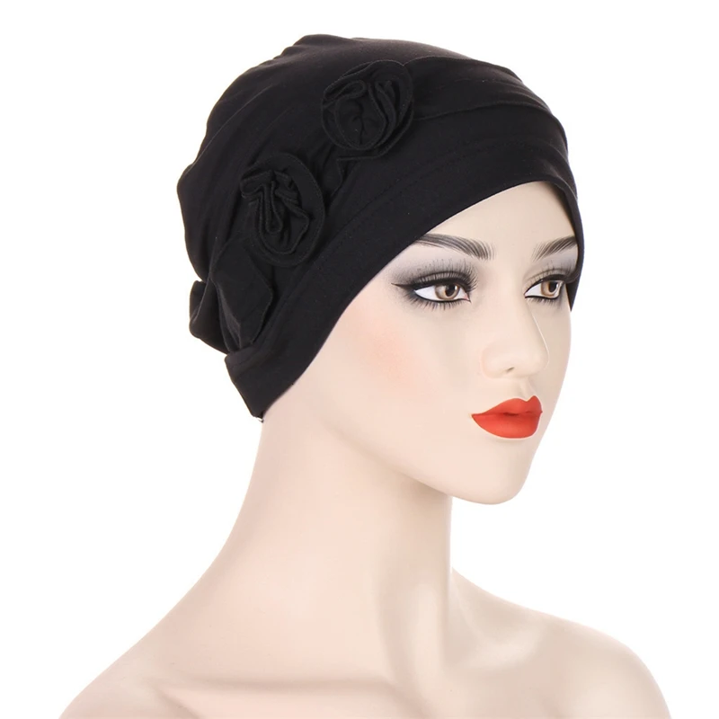 3D Flowers Turban Cap Beanies for Women Muslim Hijab Head Cover Ladies Solid Color India Cap Bandanas Hair Loss Cancer Chemo Cap