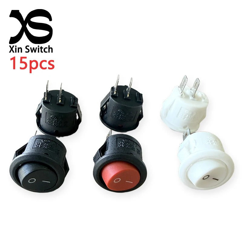 15PCS KCD11 Small Circular Rocker Switch 15mm Hole Opening Black/White/Red 2-Pin 3A 250V AC/6A 125V AC Snap-in Power Switch