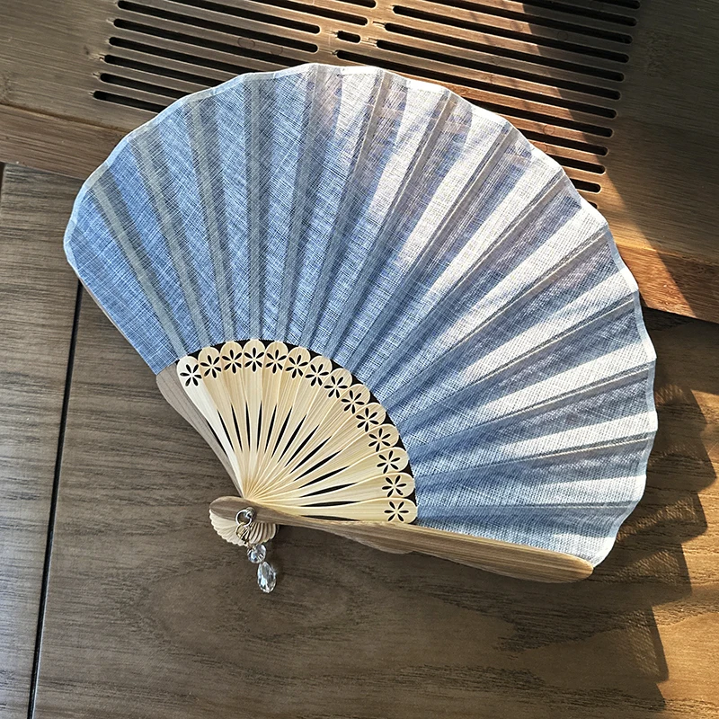 

Chinese Folding Hand Fan Gentle Solid Color Handheld Fan Women's Creative Carve Fanbone Cotton Linen Retro Mini Shell Fan