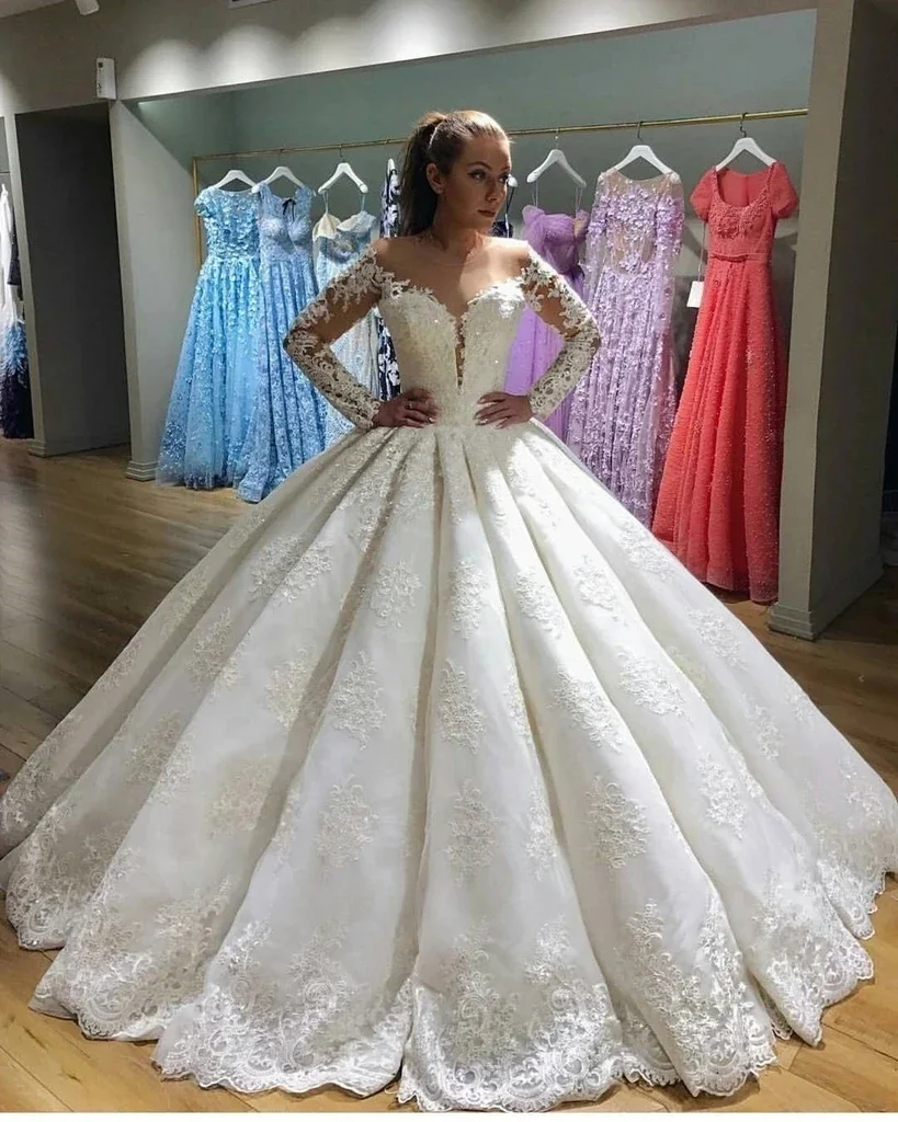 

Customized Beads Lace Applique Ball Gown Wedding Dresses Illusion Back Long Sleeve Wedding Bridal Gowns Vestido De Novia