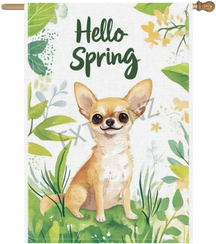 Chihuahua Hello Spring Garden Flag 28x40 Inch Double Sided Floral Outside Small Linen Yard Flag Decoration House Flag for Ho IIC