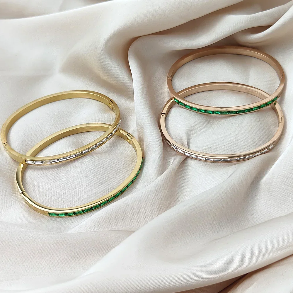 

New Luxury Geometric Zircon Bracelet Bangles Women Green White Crystal Cuff Elegant Wedding Party Statement Jewelry