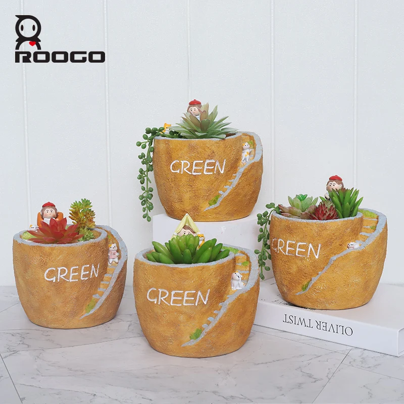 

Roogo Pastoral Style Resin Figurine Succulent Green Plant Potted Ornament Gardening Home Balcony Micro-landscape DIY Flower Pot