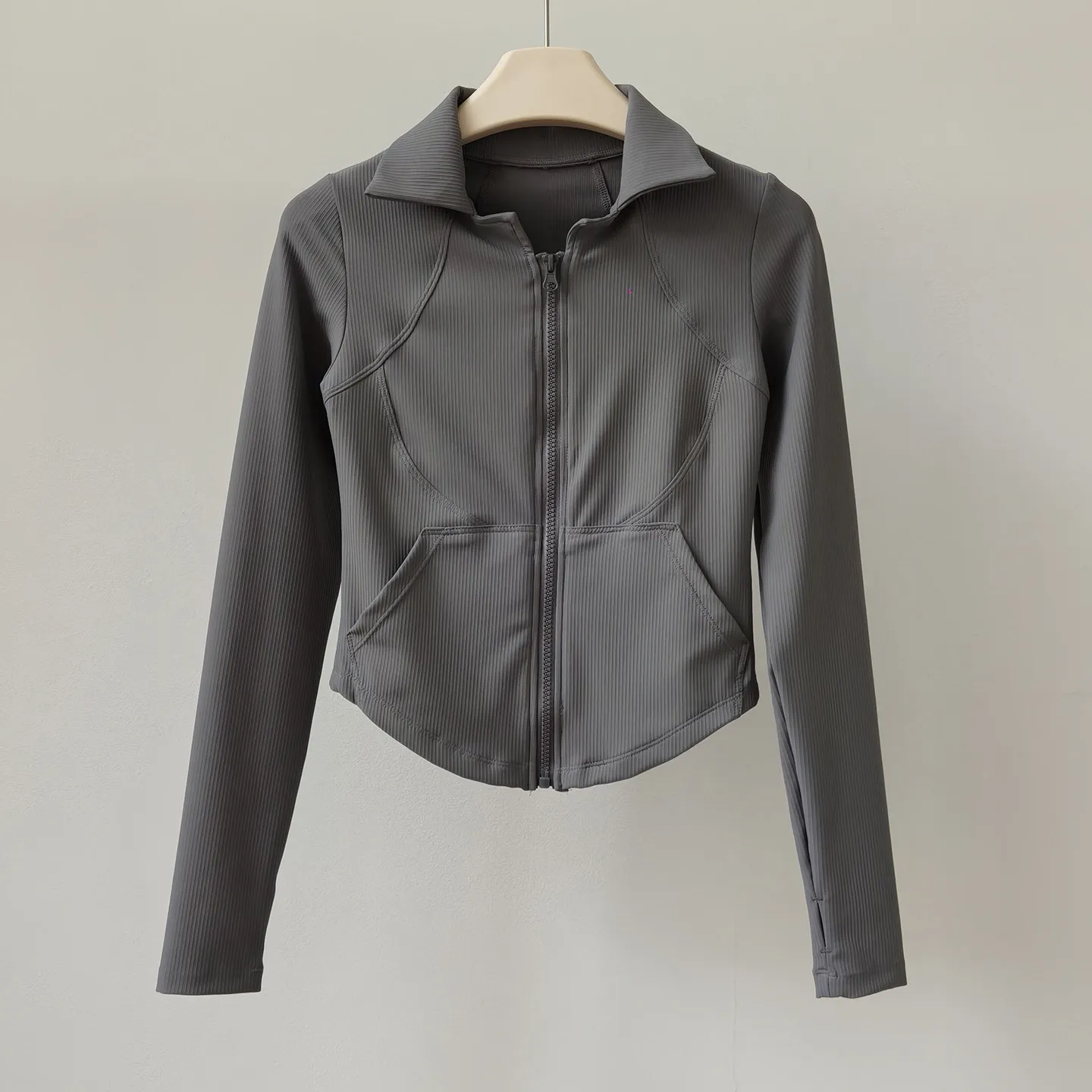 Yoga-Kleidung, langärmelige Shirts, Crop-Top, Damenjacke mit Reißverschluss und Kragen, schmal geschnittene Trainingsjacke, Laufjacke, Pilates-Fitnessjacke, Stoff – Detail 5